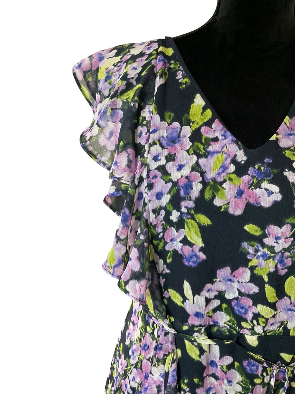 Tommy Hilfiger Blue Ruffle Chiffon Midi Dress with Purple Floral Print - Picture 2 of 9